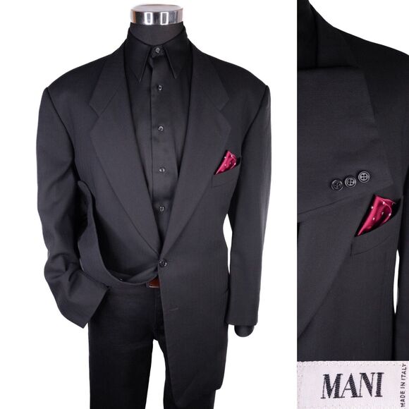 MANI Vintage Sport Coat Men Size 46L/S Herringbone Black 2 Button Wool Blazer - Picture 1 of 15